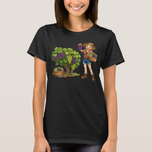 Boerenmeisje dat druiven plukt, wijngaard oogst ku t-shirt