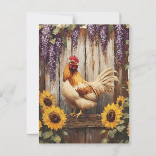Boerhoender met zonnebloemen en blauweregen in lan briefkaart