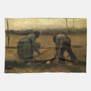 Boerin die aardappels plant door Vincent van Gogh Theedoek
