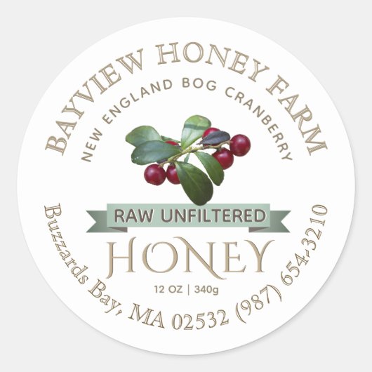 Bog Cranberry Honey Label met Cranberries (Voorkant)