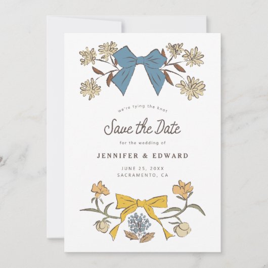 Bogen en bloesems blauw geel save the date (Voorkant)