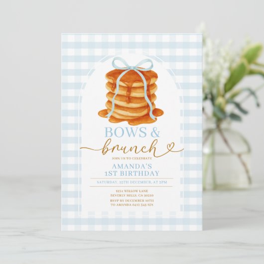 Bogen en brunch pannenkoek blauw 1e verjaardag Gin Kaart (Staand voorkant)