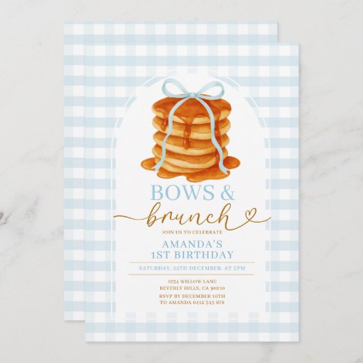 Bogen en brunch pannenkoek blauw 1e verjaardag Gin Kaart (Voorkant / Achterkant)