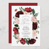 Bogundy en Blush Waterverf Floral Baby shower Kaart (Voorkant / Achterkant)