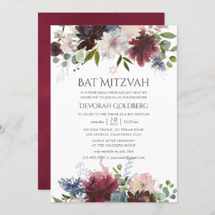 Bogundy en Blush Waterverf Floral Bat Mitzvah Kaart