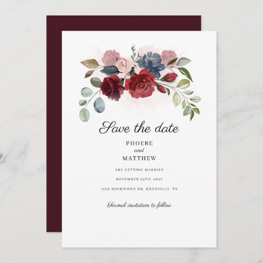 Bogundy Floral Botanical Modern redt de datum Save The Date (Voorkant / Achterkant)