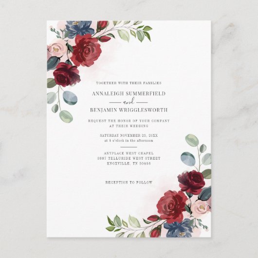 Bogundy Floral Botanical Waterverf Greenery Uitnodiging Briefkaart (Voorkant)