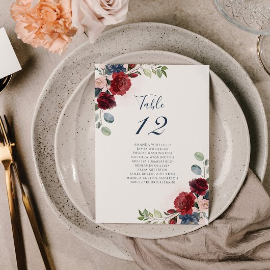 Bogundy Floral Greenery Wedding Table Number 12