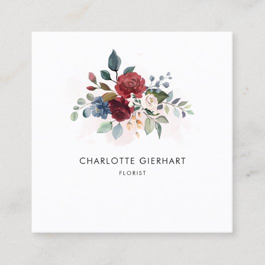 Bogundy Floral QR Code Greenery Florist Vierkante Visitekaartje (Voorkant)