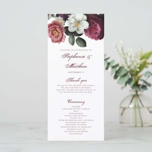 Bogundy Floral Rozen Botanical Wedding Programme (Staand voorkant)