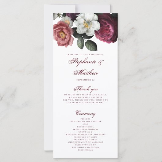 Bogundy Floral Rozen Botanical Wedding Programme (Voorkant)