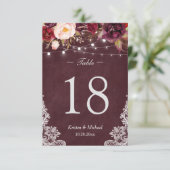 Bogundy Floral String Lights Lace Table Number Kaart (Staand voorkant)