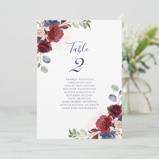 Bogundy Floral Wedding Script Table Number (Staand voorkant)