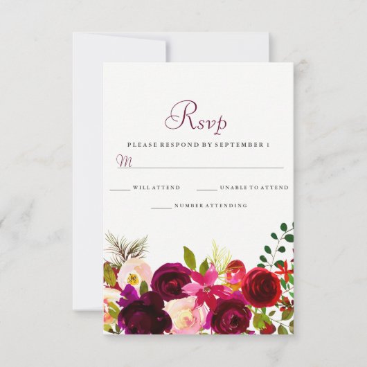 Bogundy Flowers Floral Elegant Wedding RSVP (Voorkant)