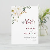 Bogundy Magnolia floral Save the Date (Staand voorkant)