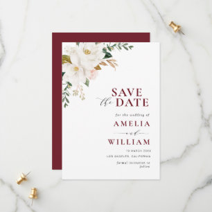 Bogundy Magnolia floral Save the Date