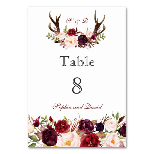 Bogundy Marsala Floral Antlers Tabel Nummer Kaart (Voorkant)