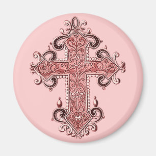 Bogundy Pink Cross  Kunst Ronde Magnet! Magneet