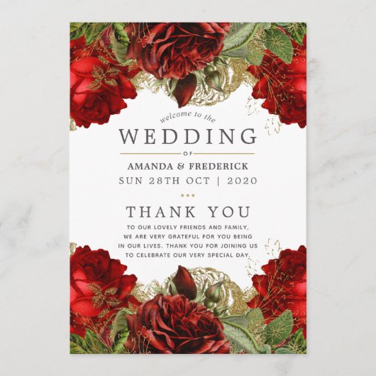 Bogundy Red en Gold Floral Wedding Programma (Voorkant)
