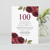 Bogundy Red Rose Floral Womans 100th Birthday Kaart (Staand voorkant)