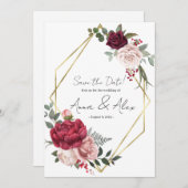 Bogundy Roos Floral Geometric Save the Date Kaart (Voorkant / Achterkant)