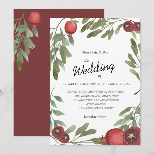 Bogundy Wedding Pomegranates Botanische Bladeren Kaart (Voorkant / Achterkant)