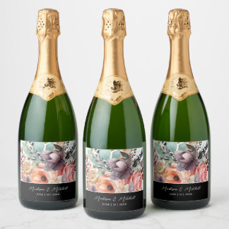 Boheem Boeket Waterverf Bloemen Sparkling Wijnetiket