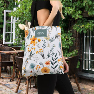Boheem grijs, salie & goud bloemend monogram draagtas