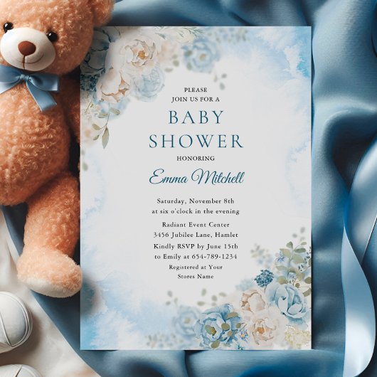 Boheems blauw Roos Baby shower Kaart