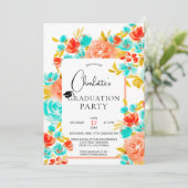 Boheems helderblauw oranje bloemig afstuderen kaart (Staand voorkant)