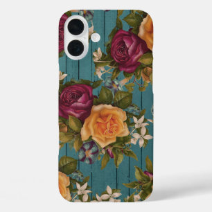 Boheems sinaasappel bordeauxrood bloemengroen hout iPhone 16 plus hoesje
