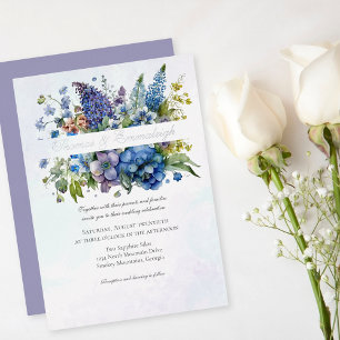 Boheemse Blauw-Paarse Waterverf Bloemen Bruiloft Folie Uitnodiging