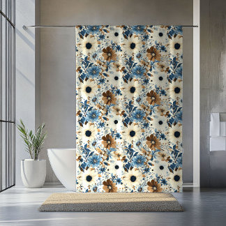 Boheemse Blauwe Bloemen Weelderige Bruine Bloemeng Douchegordijn