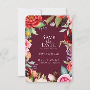 Boheemse Bloemen Bordeaux Bewaar de Datum Aankondiging