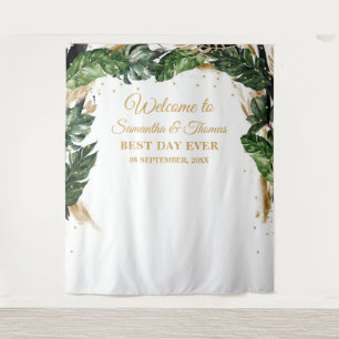 Boheemse boho tropische bladeren bloem goud bruilo wandkleed