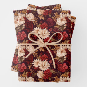 Boheemse bordeaux beige bloemen inpakpapier vel