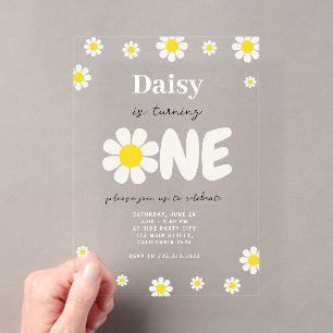 Boheemse Cute Bloemen Moderne Madelief 1e Verjaard Acryl Uitnodigingen