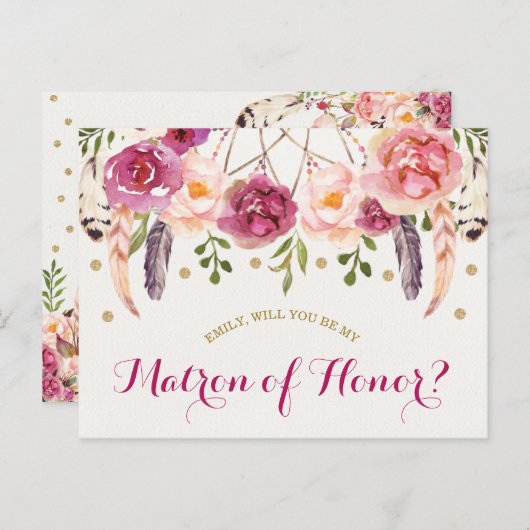 Boheemse Floral Dreamcatcher Matron of Honor Kaart (Voorkant / Achterkant)