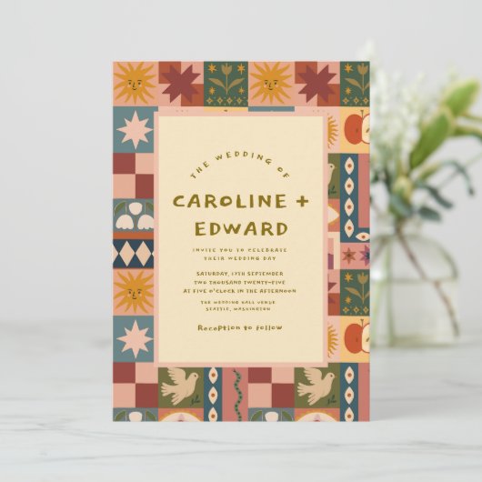 Boheemse hemelse patchwork bruiloft uitnodiging (Staand voorkant)
