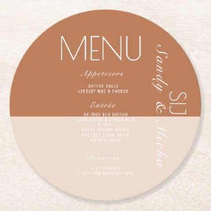 Boheemse huwelijksdiner menu terracotta ronde kartonnen onderzetter
