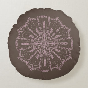 Boheemse Mandala Handgetekende Bruine en Blush Roz Rond Kussen