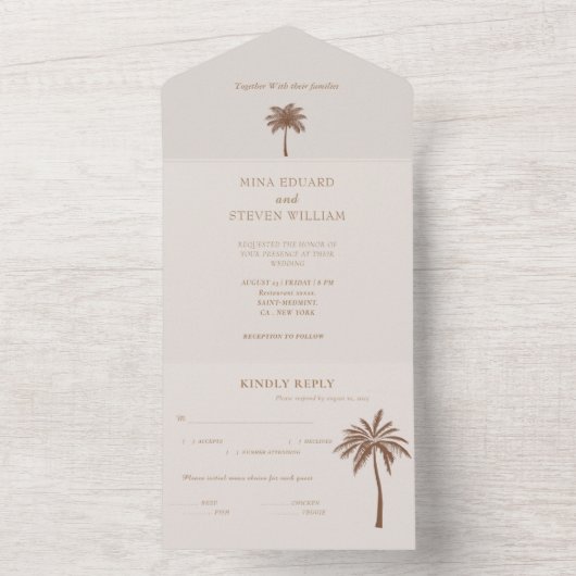 Boheemse palmboom bruiloft all in one uitnodiging (Binnen)