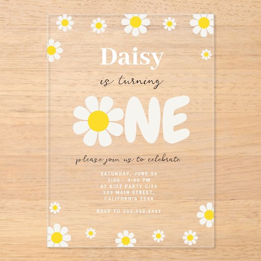 Boheemse Schattigee bloemen Modern Daisy 1e verjaa Acryl Uitnodigingen (Voorkant)