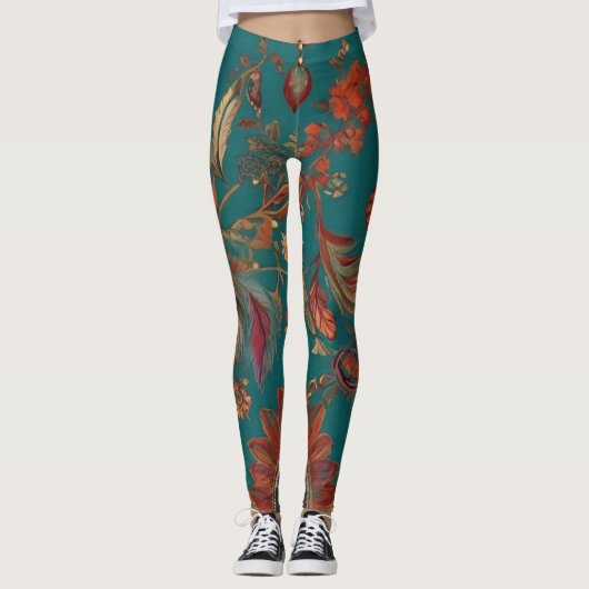 Boheemse stijl Emerald & Ruby Feather Print Leggings (Voorkant)