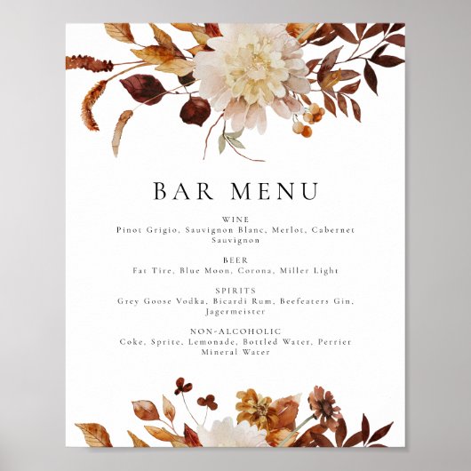 Boheemse Terracotta Herfst Bloemen Bar Menu Bord Poster (Voorkant)