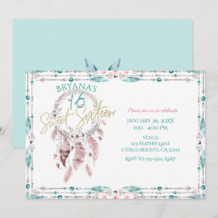 Boheemse Veer Droomvanger Teal Roze Sweet 16 Kaart