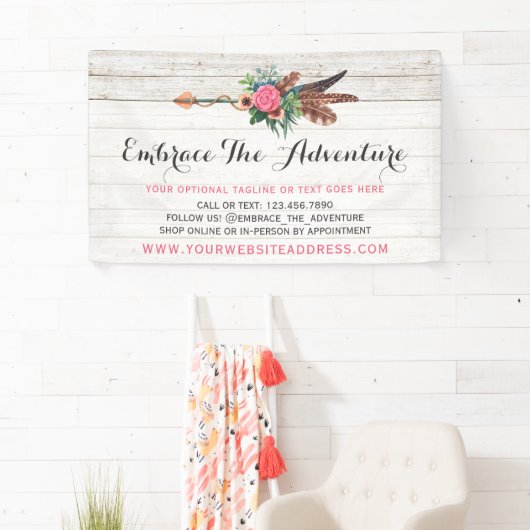 Boheemse Veer Pijl & Roos op Rustiek Wit Hout Spandoek (Insitu)