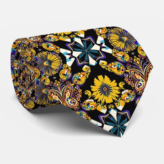 Boheemse vlinder en zonnebloem patroon op zwart stropdas (Opgerold)