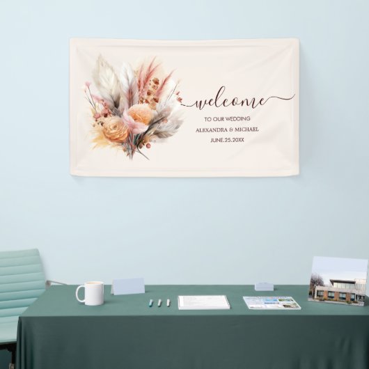Boheemse Waterverf Pampas Grass Bruiloft Spandoek (Beurs)