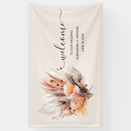 Boheemse Waterverf Pampas Grass Bruiloft Spandoek (Verticaal)